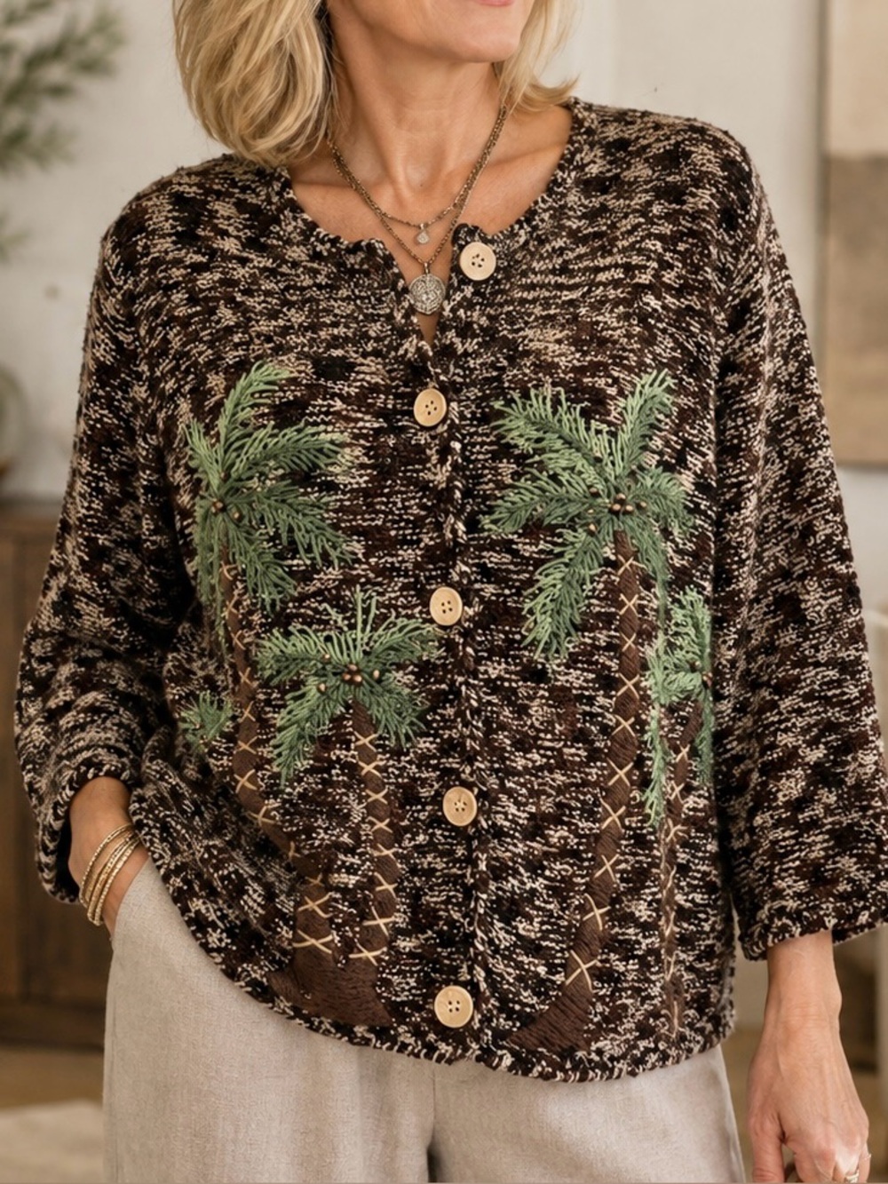 Bellepointe Vintage Palm Tree Cardigan Sweater Embroidery Organic Cottagecore